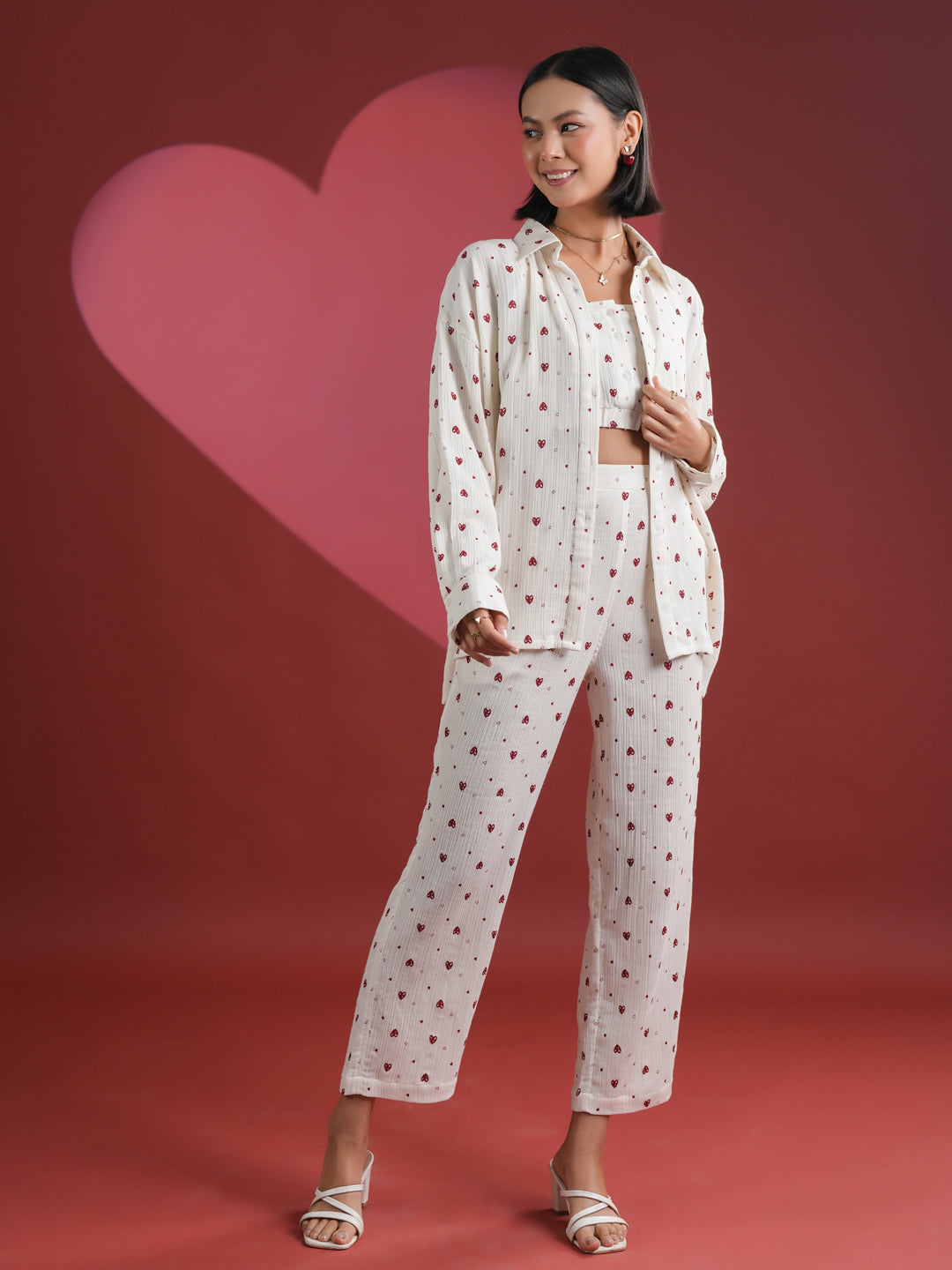 Set of 3 White Heart Printed Night Suit