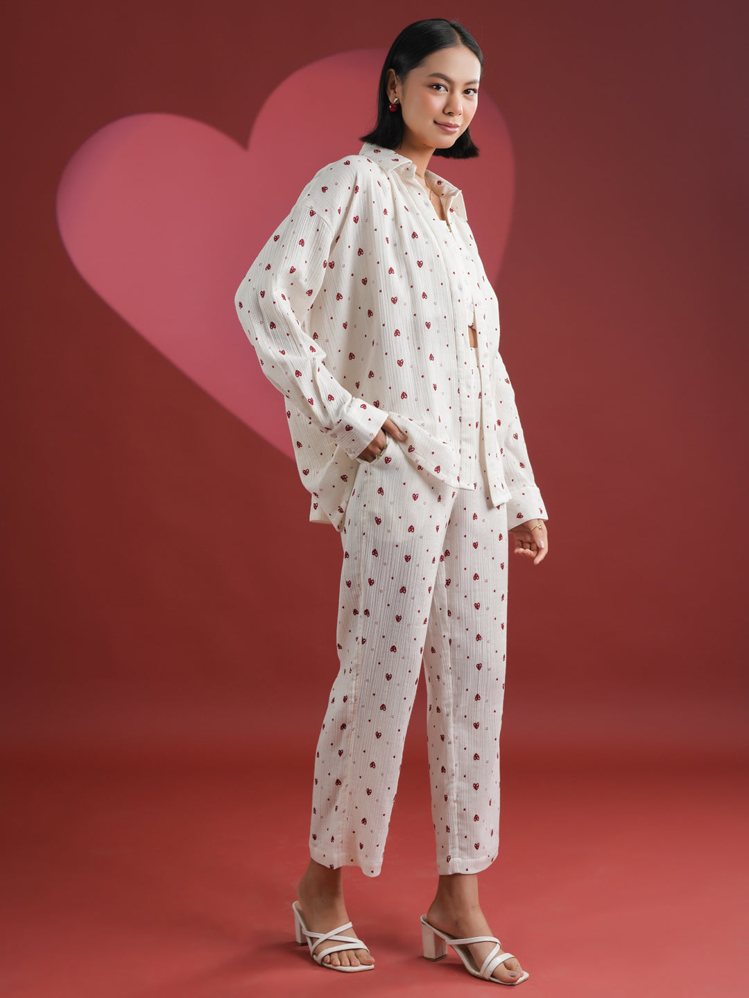 Set of 3 White Heart Printed Night Suit