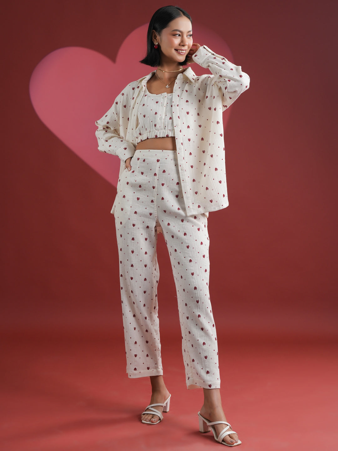 Set of 3 White Heart Printed Night Suit