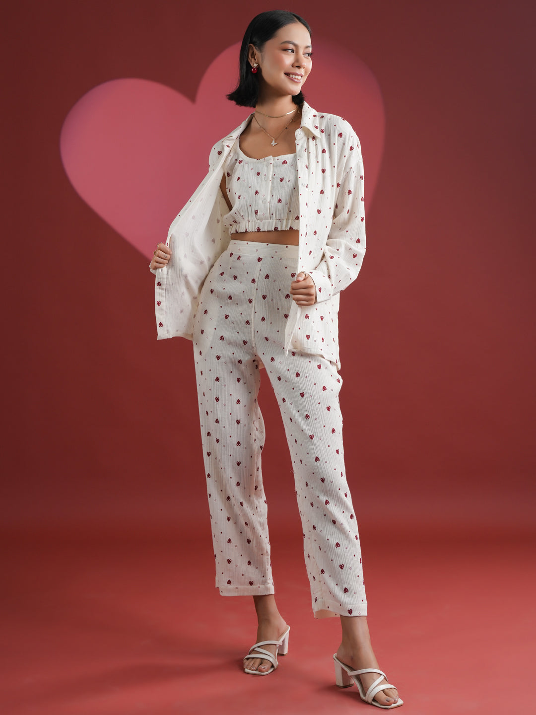 Set of 3 White Heart Printed Night Suit