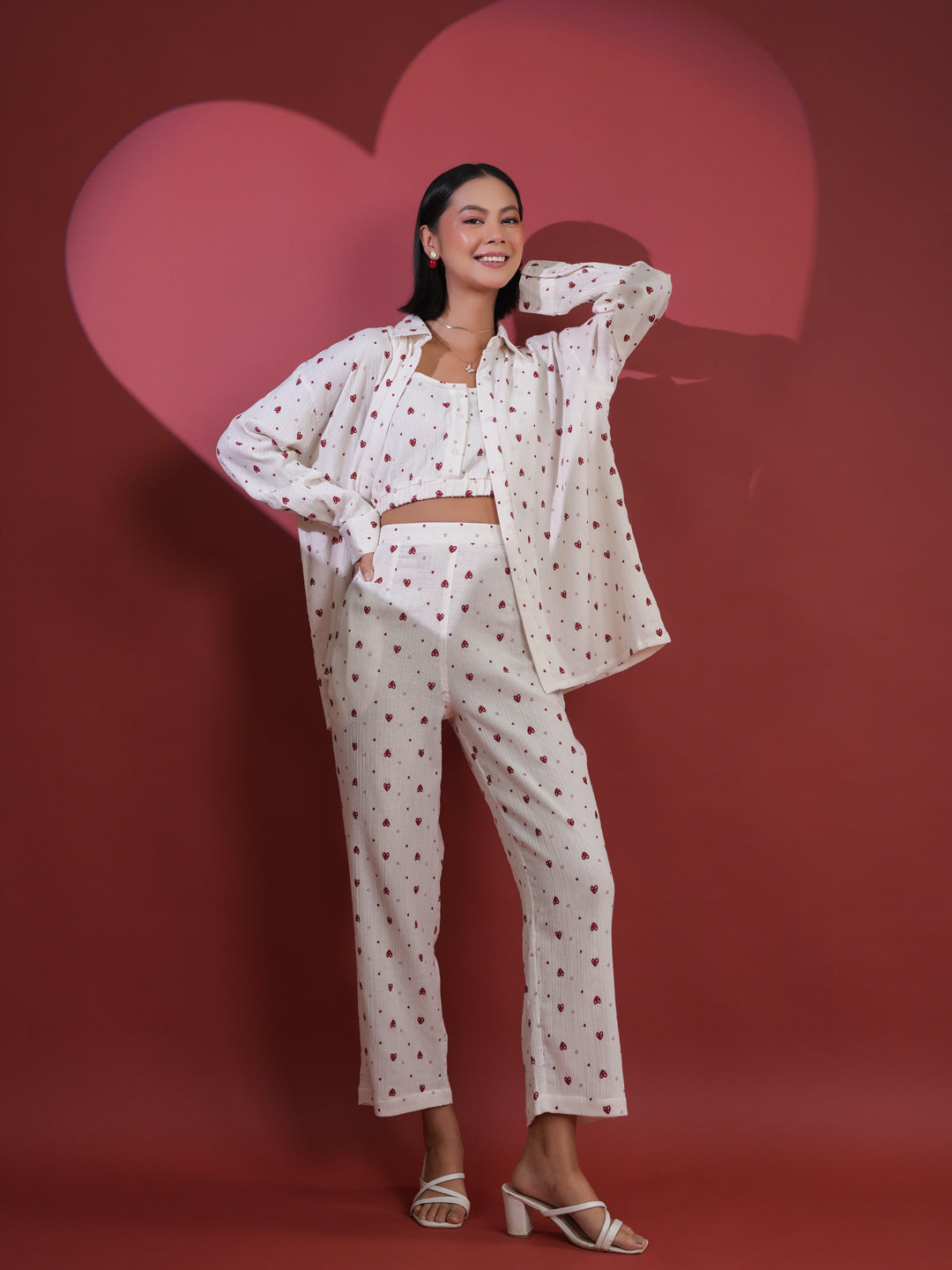 Set of 3 White Heart Printed Night Suit