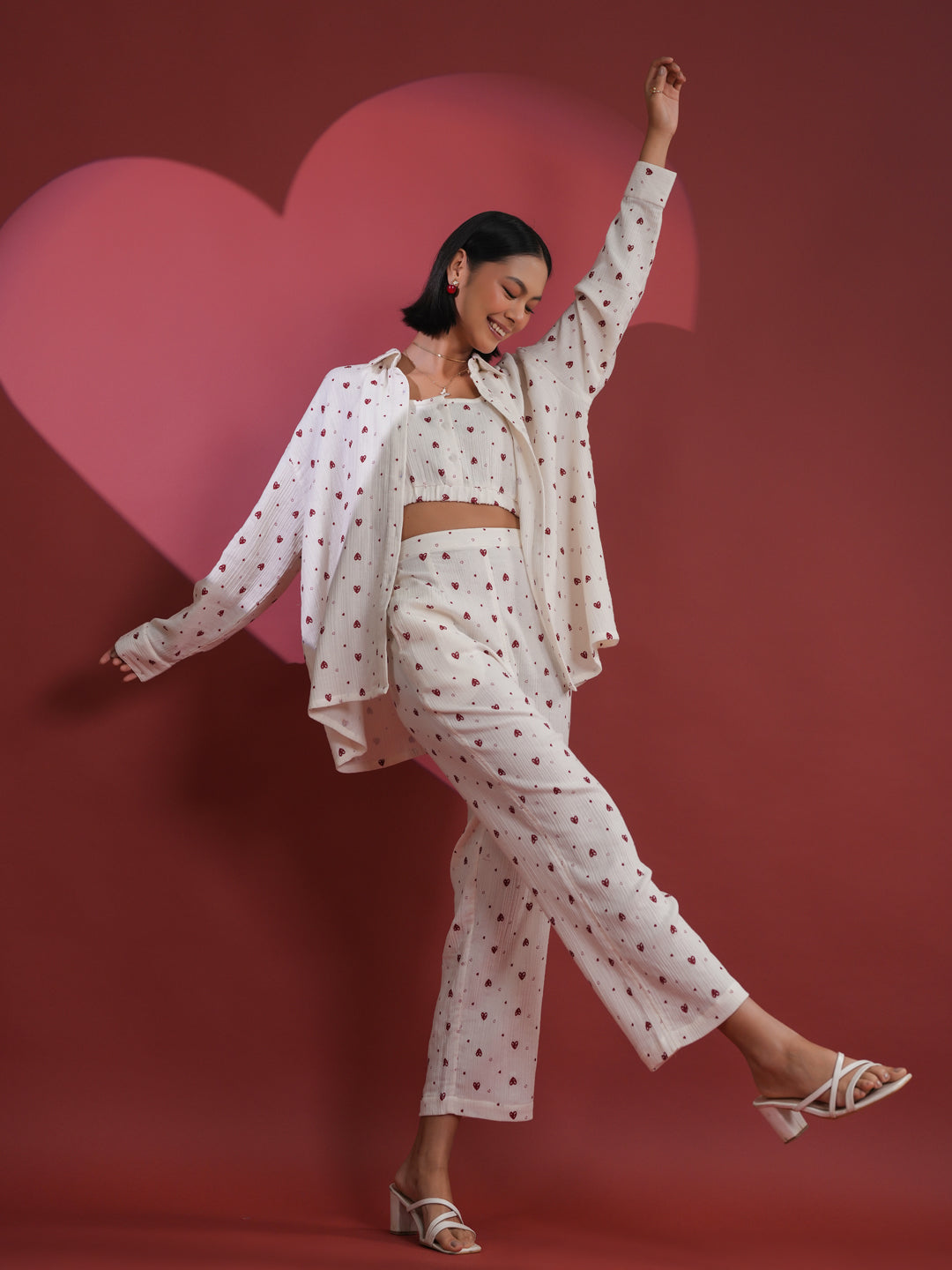 Set of 3 White Heart Printed Night Suit