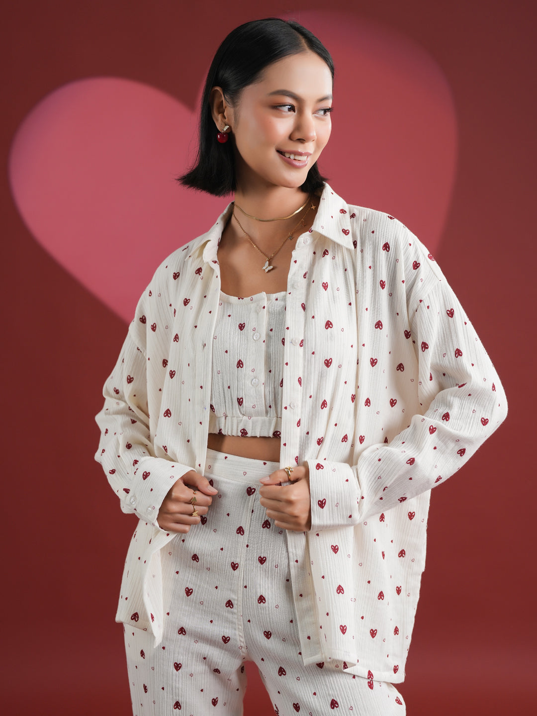 Set of 3 White Heart Printed Night Suit