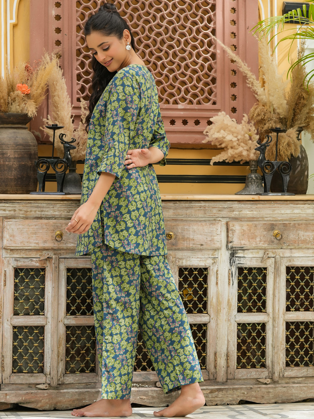 Green cotton printed loungewear set