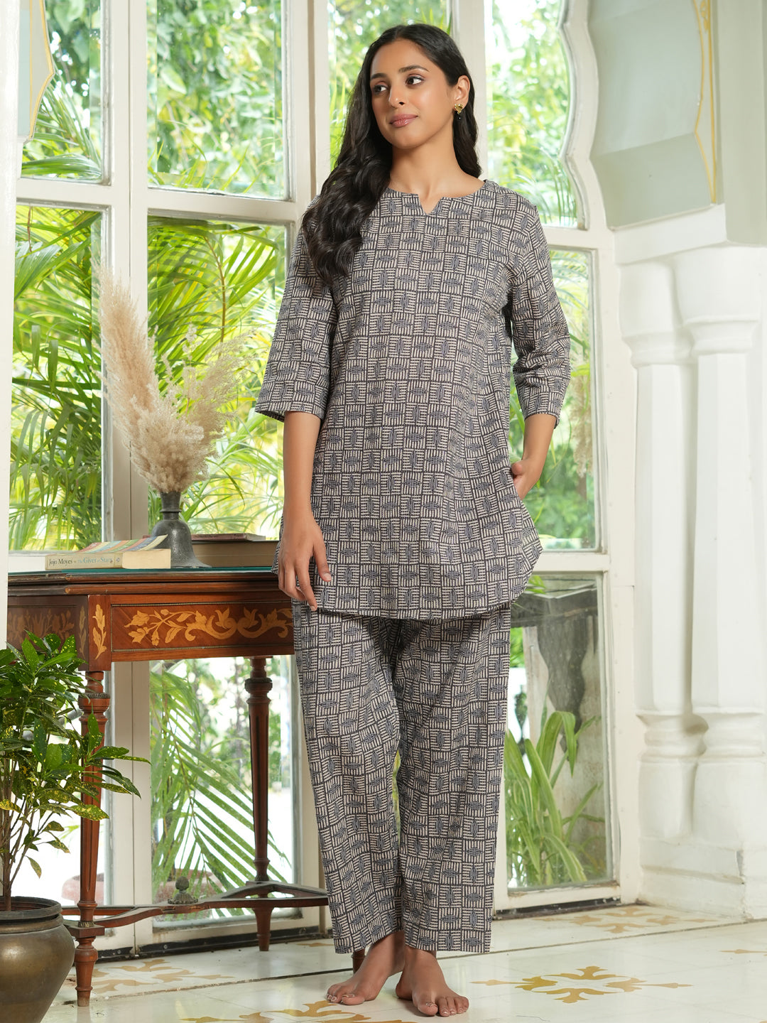 Grey abstract cotton loungewear set