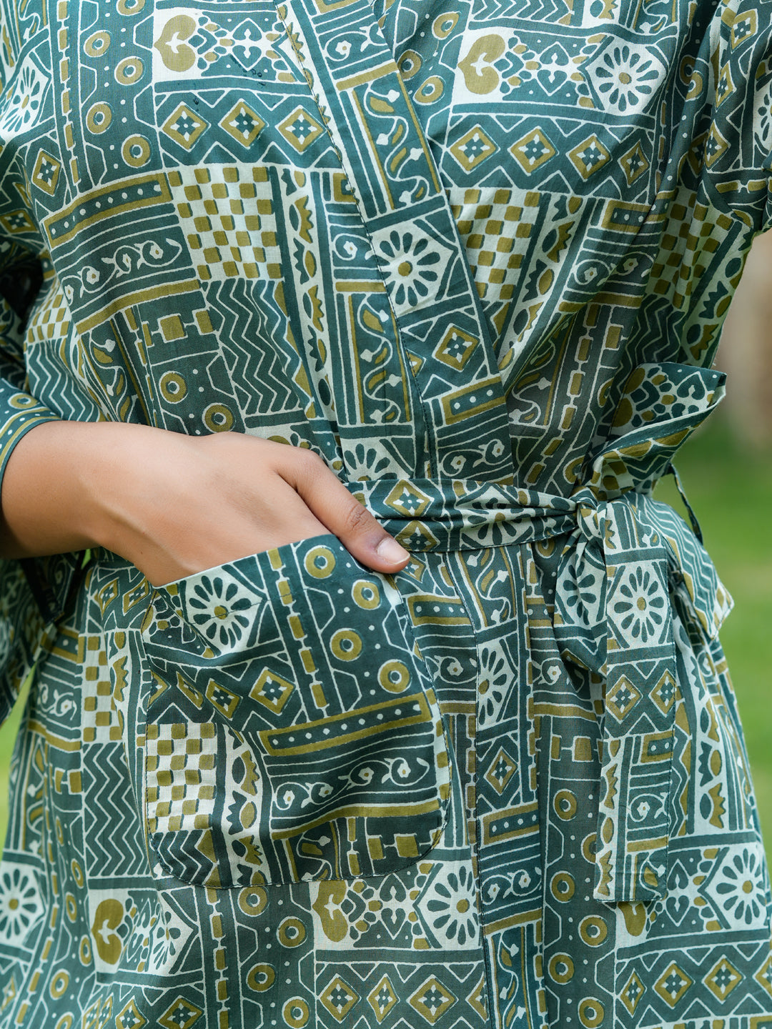 Green  Cotton printed kimono robe