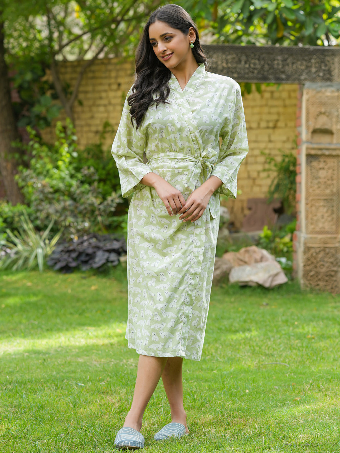 Green  Cotton printed kimono robe