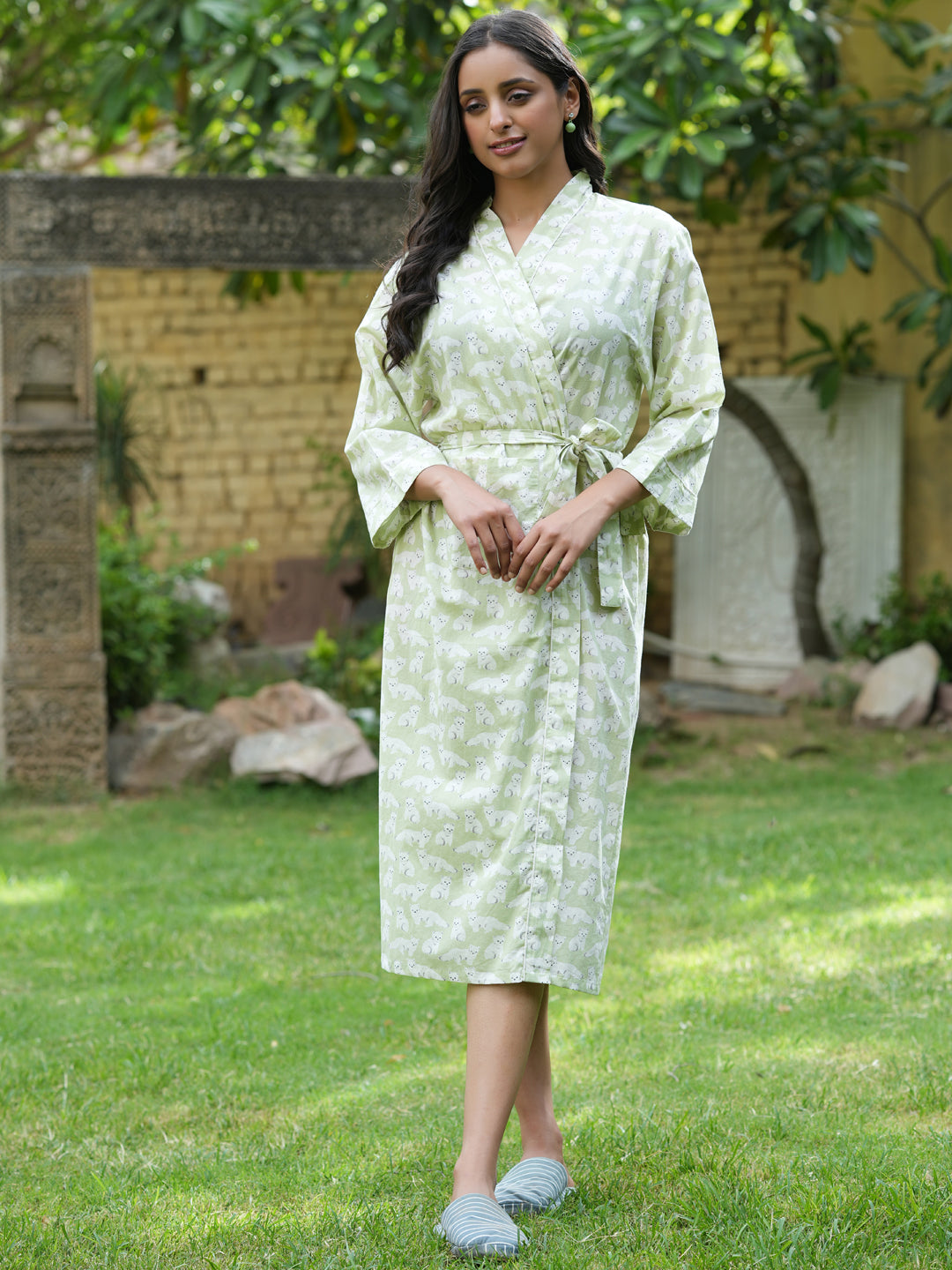 Green  Cotton printed kimono robe