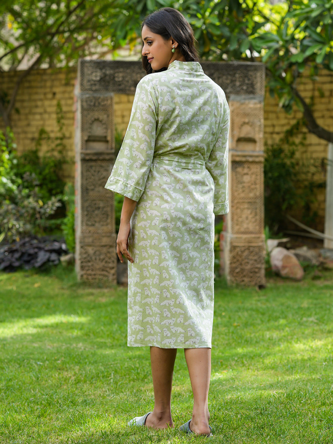 Green  Cotton printed kimono robe