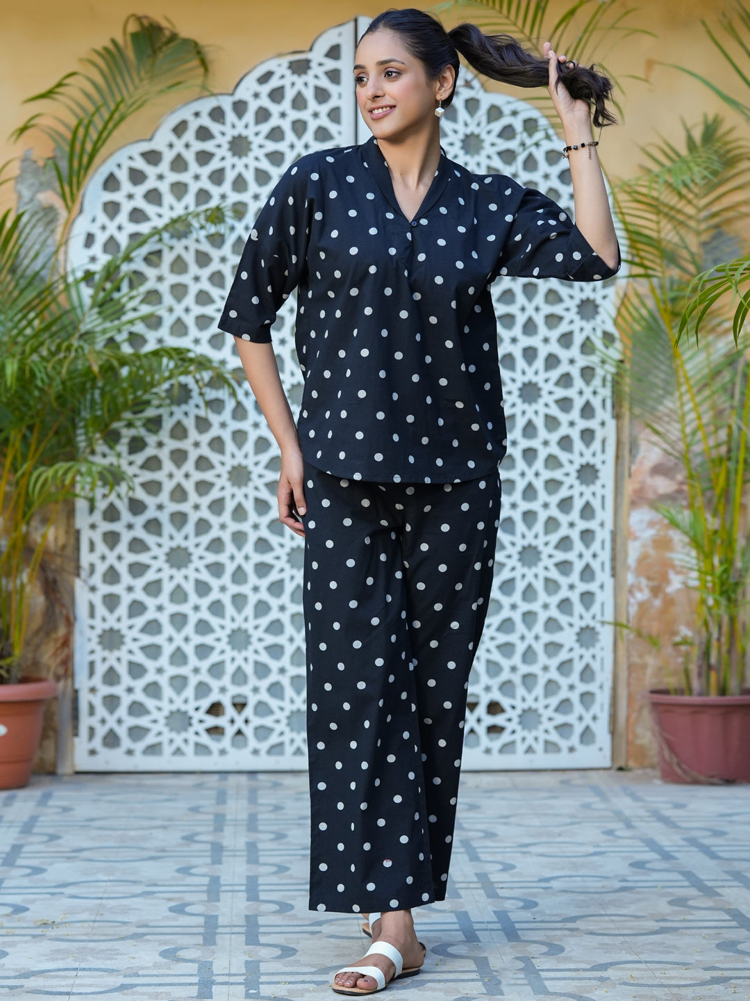 Black polka dot cotton Night Suit Set