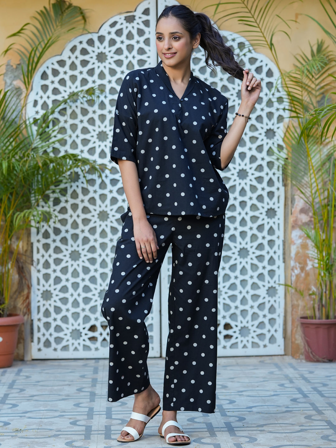 Black polka dot cotton Night Suit Set