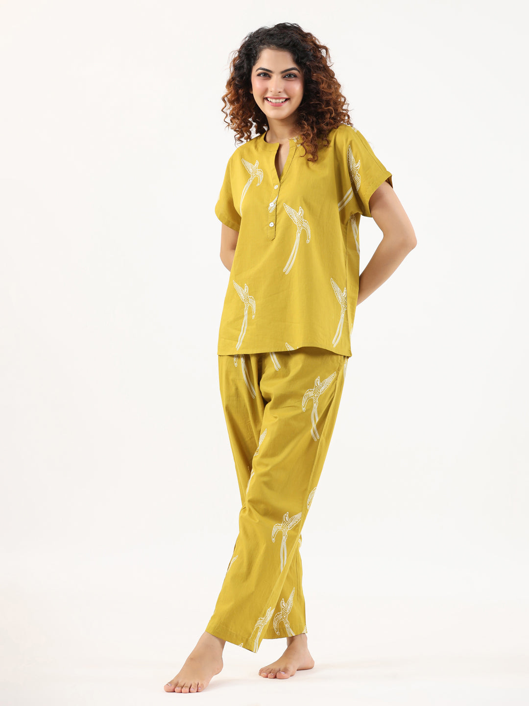 Mustard  and White Conversational Eagle printed Night suit set with pyjama