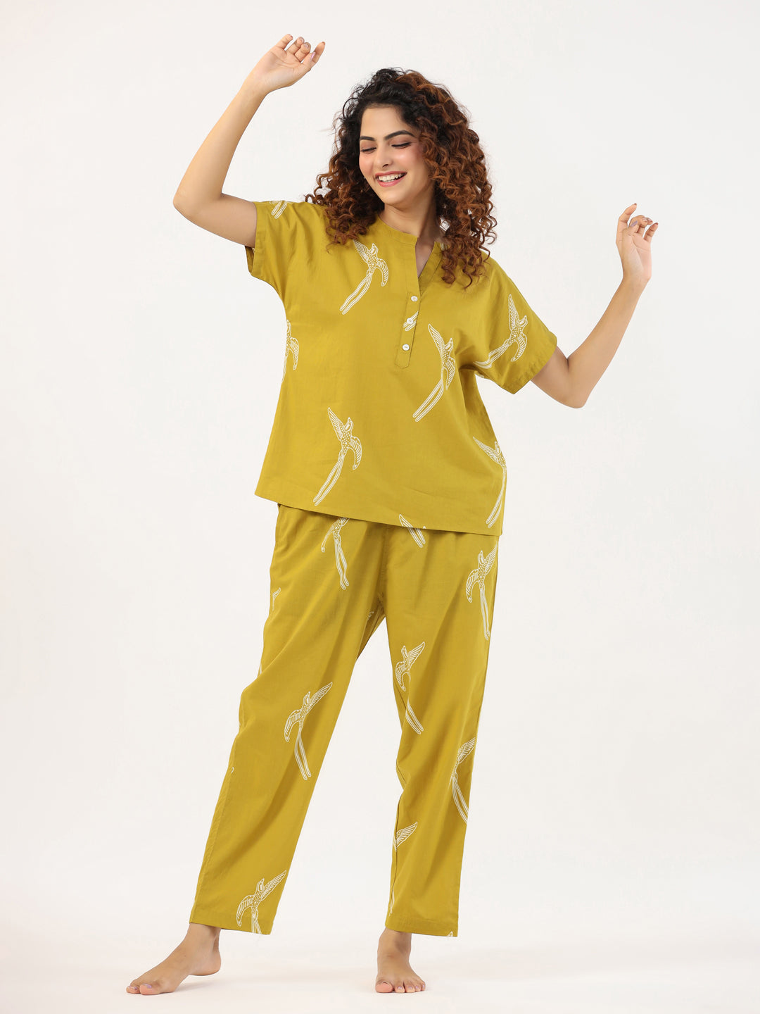 Mustard  and White Conversational Eagle printed Night suit set with pyjama