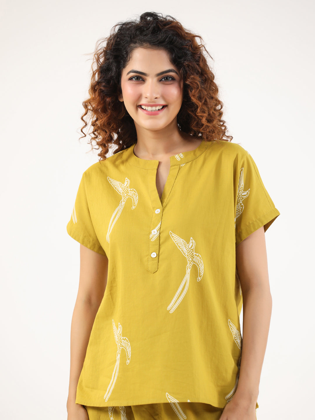 Mustard  and White Conversational Eagle printed Night suit set with pyjama