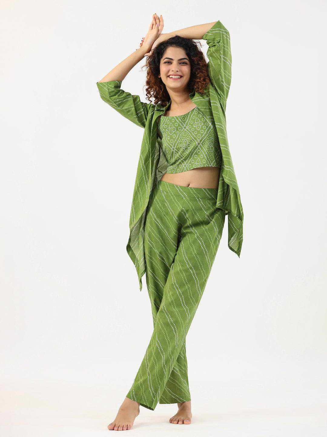 AVOCADO GREEN Bhandej Cotton 3 peice Co-ord set