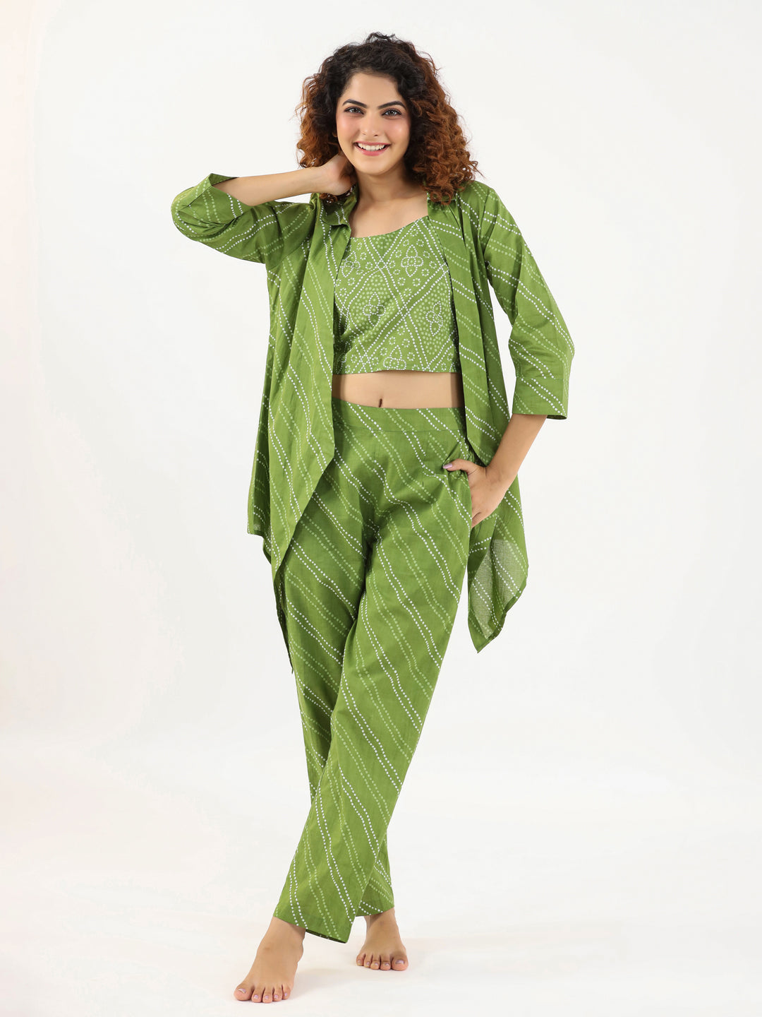 AVOCADO GREEN Bhandej Cotton 3 peice Co-ord set