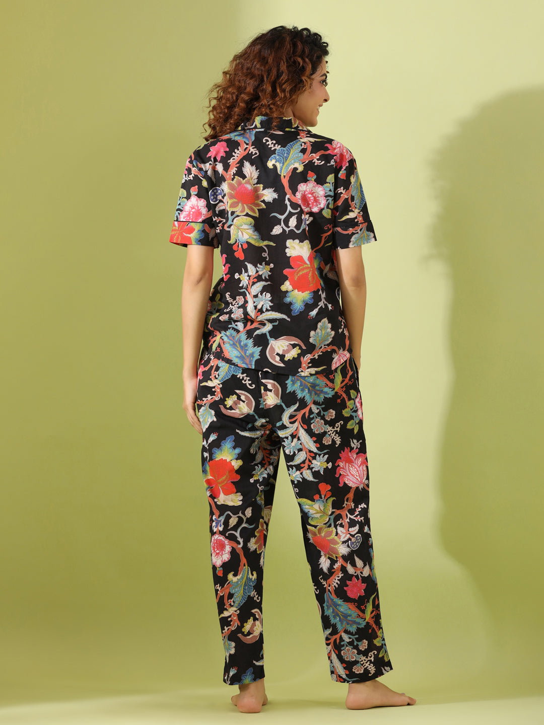 Black Cotton Printed Night Suit Set with Payjama