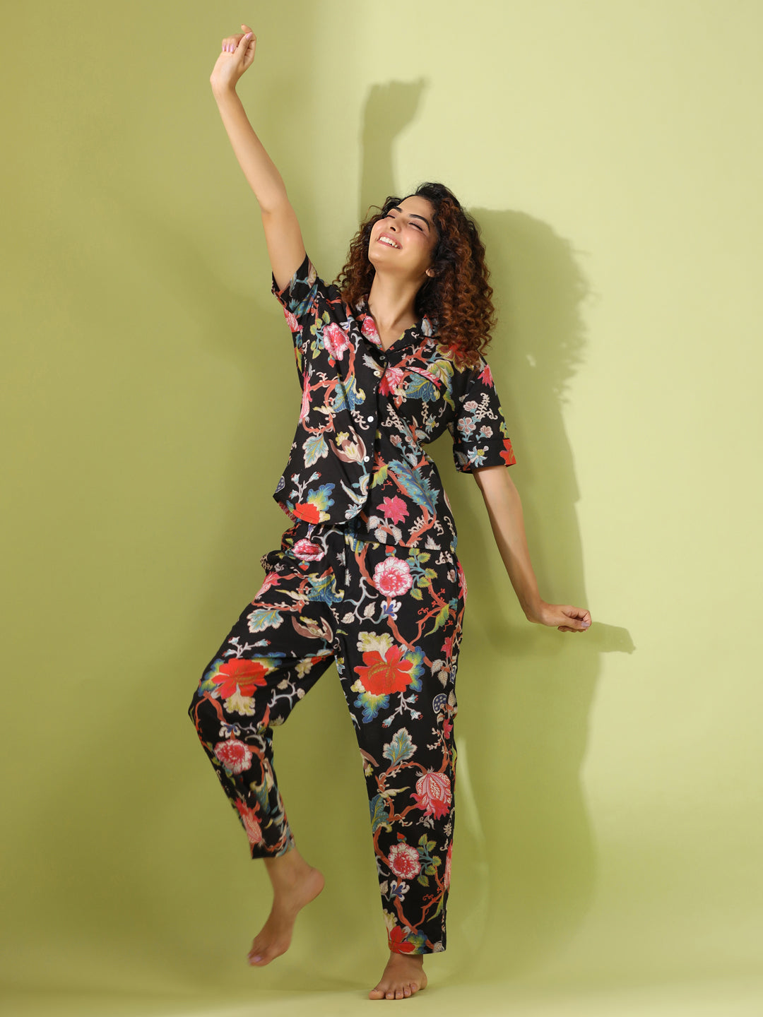 Black Cotton Printed Night Suit Set with Payjama