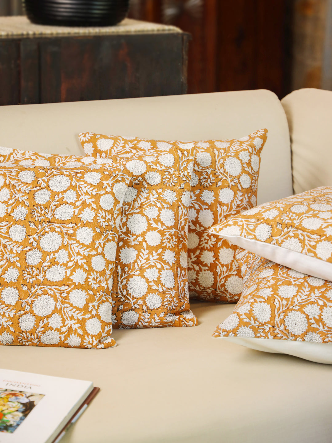 Cotton Orange Colour Floral Cushion Covers