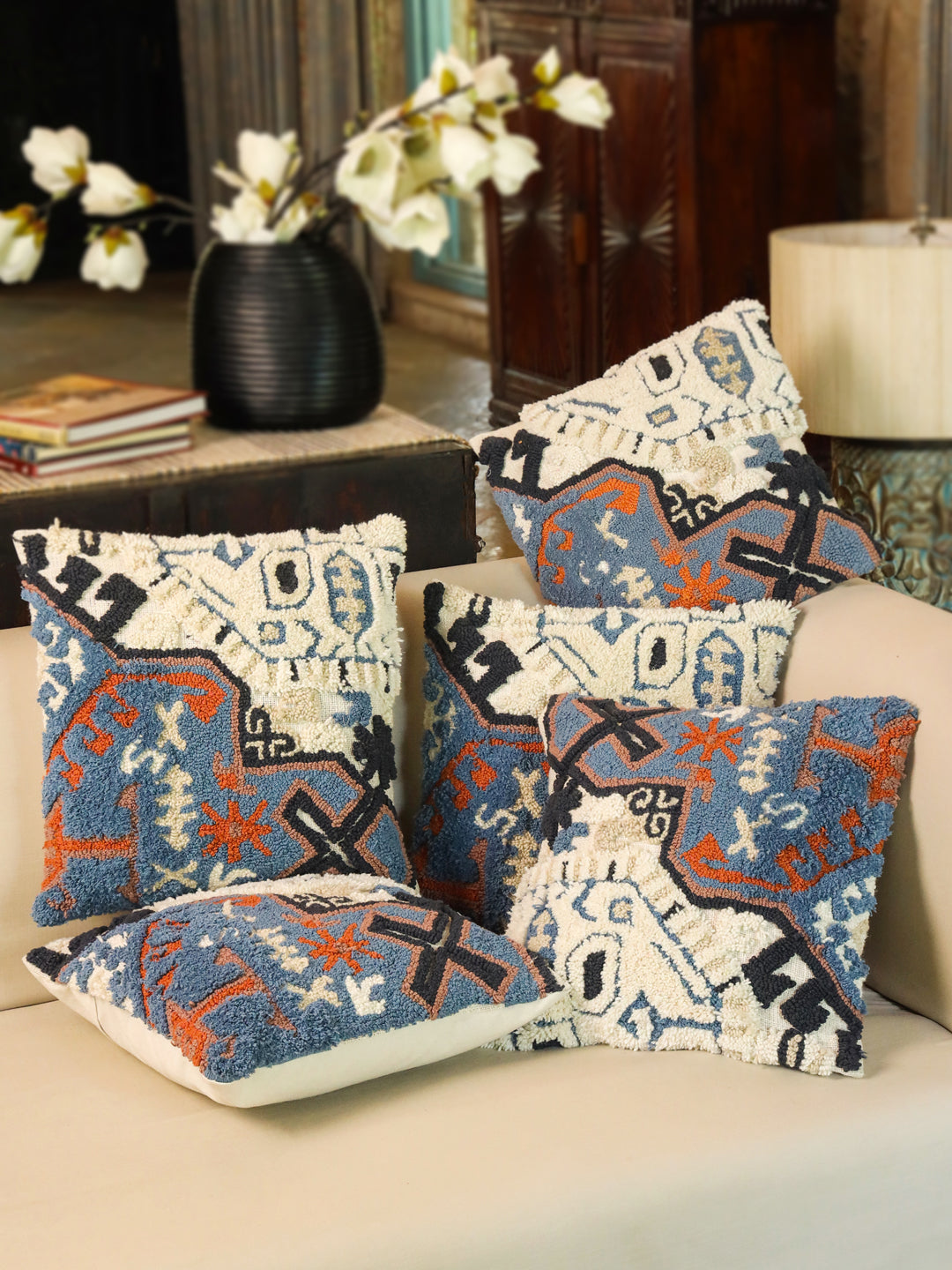 Cotton Blue Colour Embroidered Cushion Covers