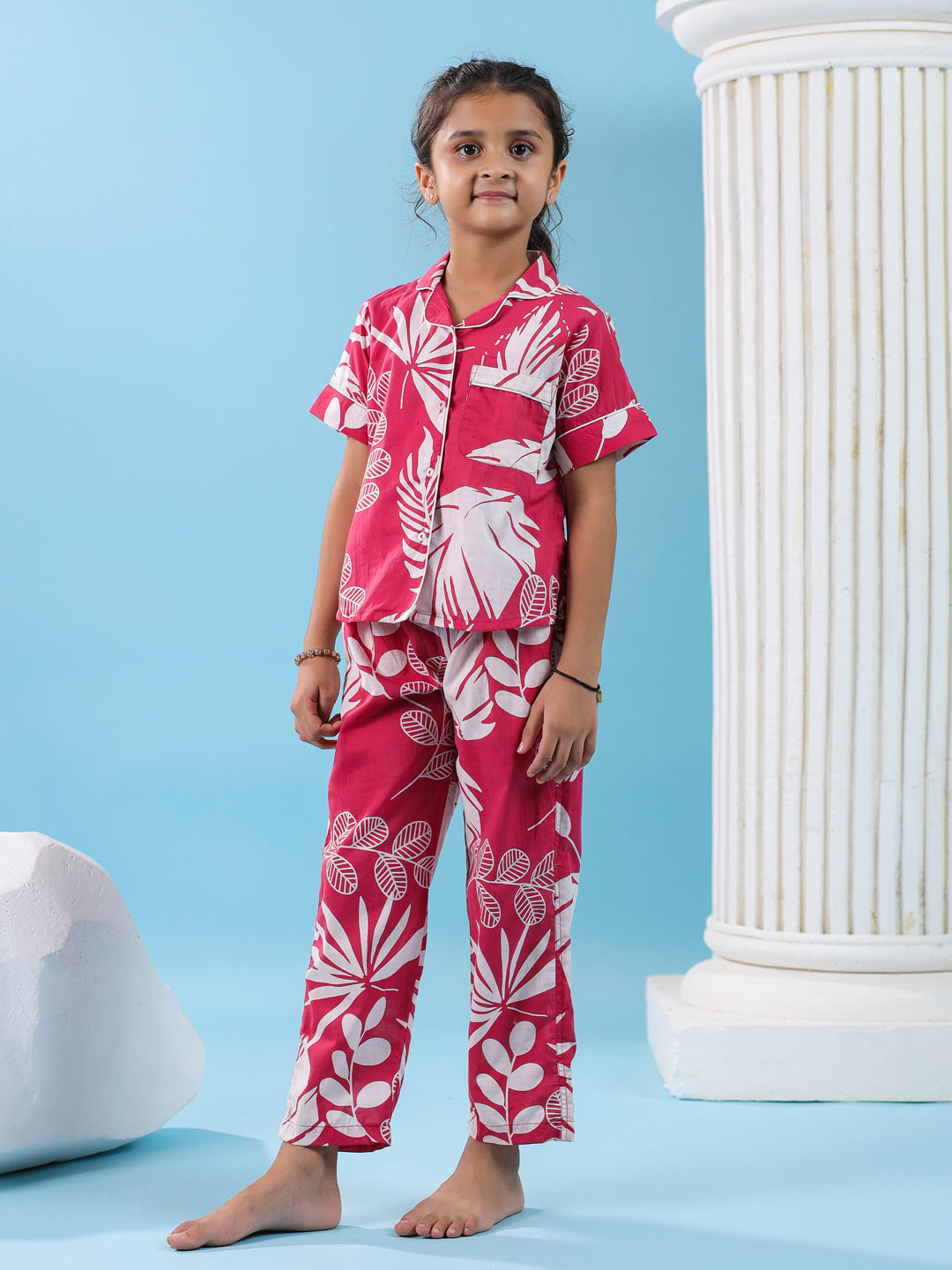 Pink Floral Cotton Night Suit for Kids