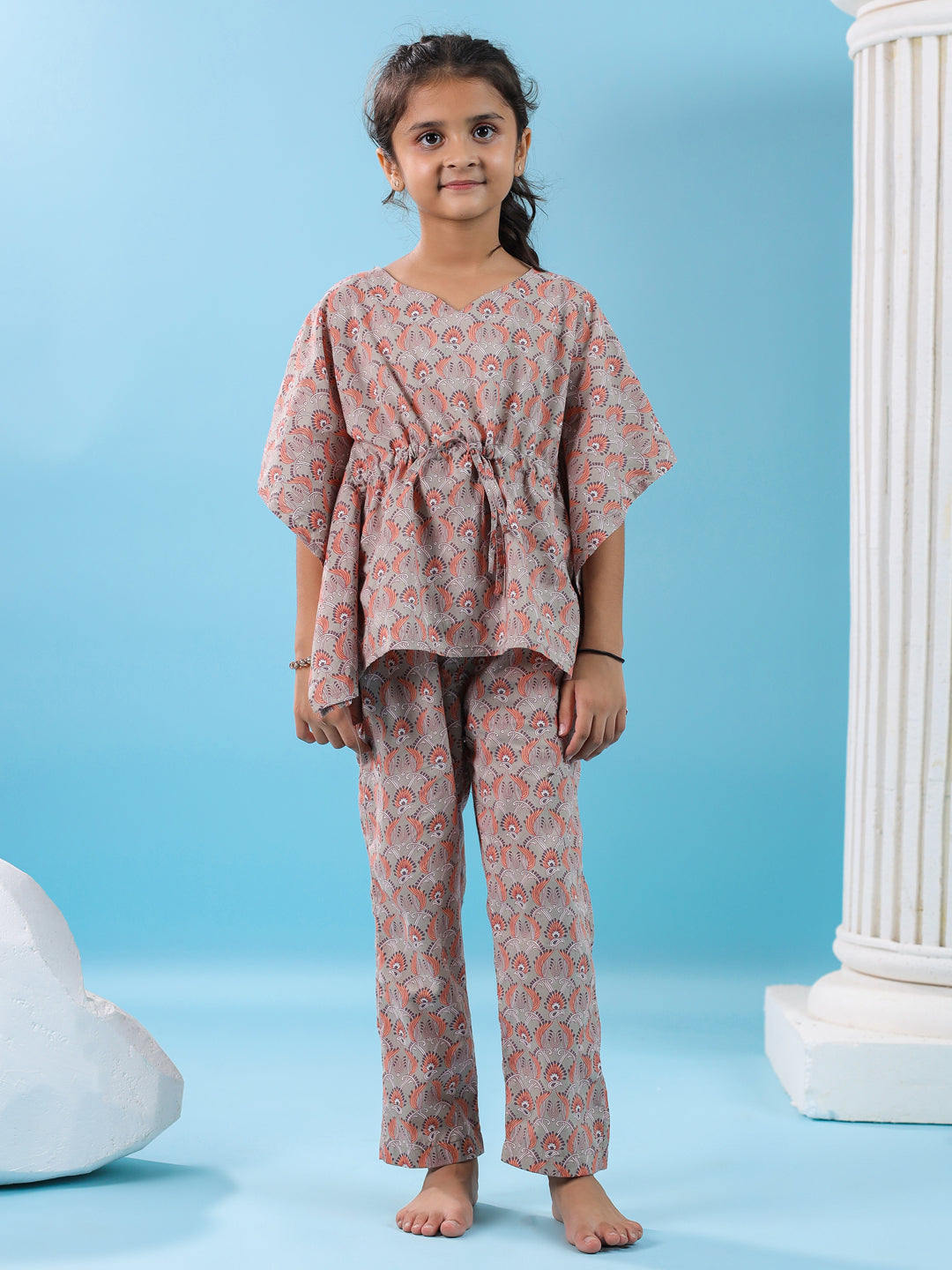 Pink Floral Printed Cotton Night Suit for Kids