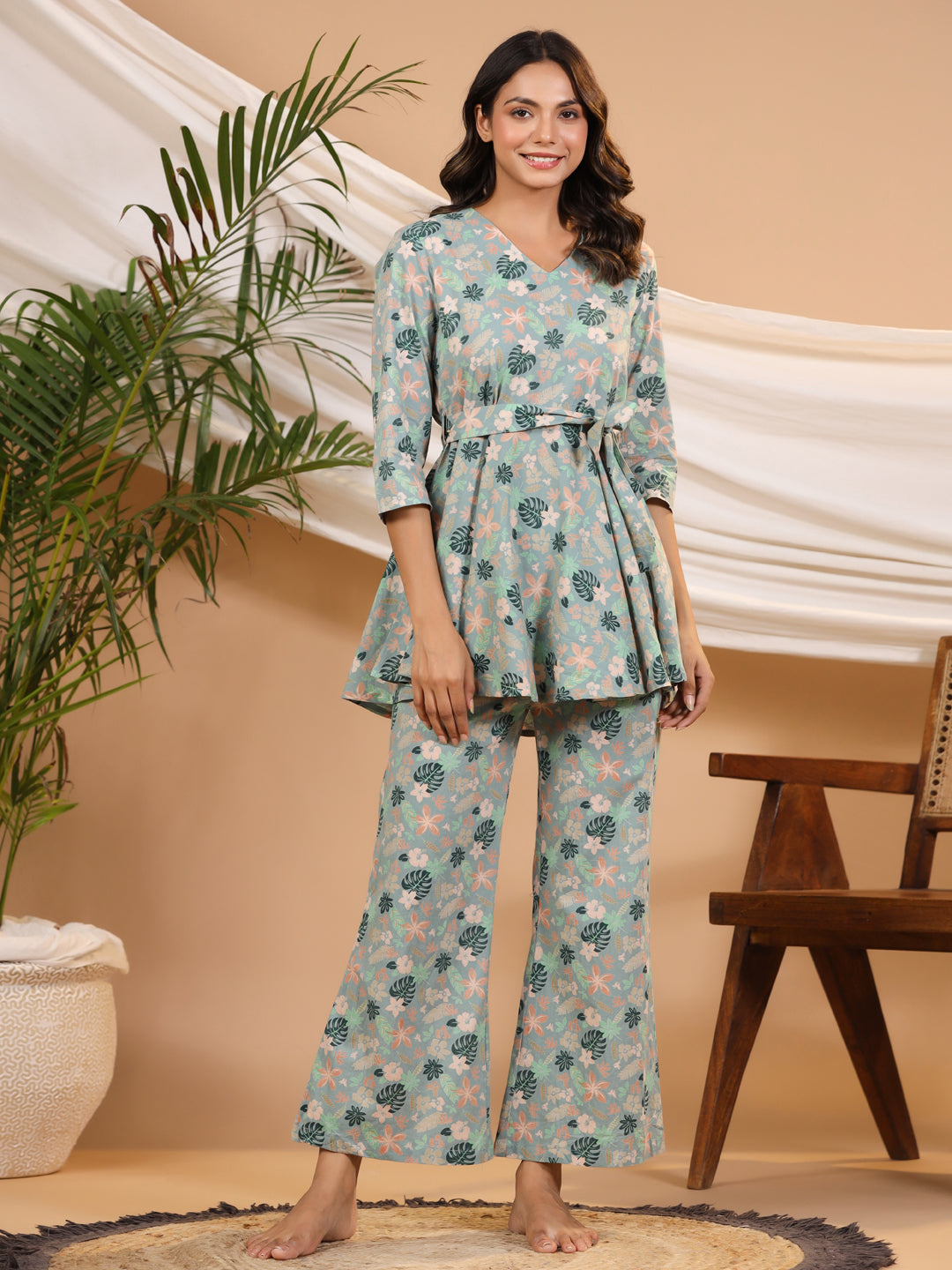 Teal peplum Printed cotton co-ord Set