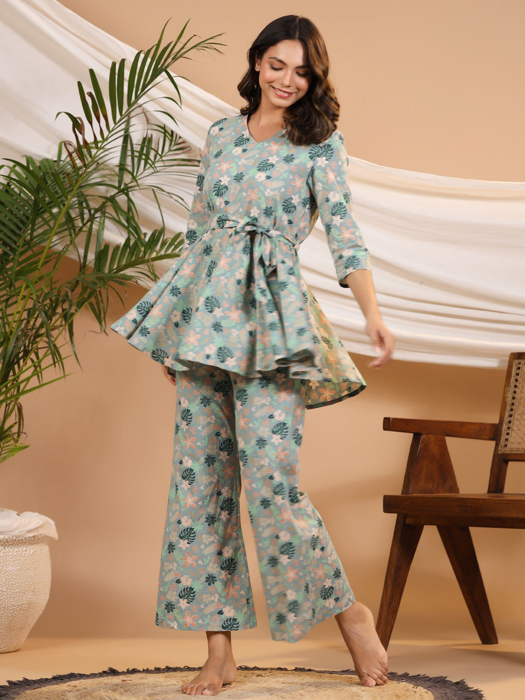 Teal peplum Printed cotton co-ord Set