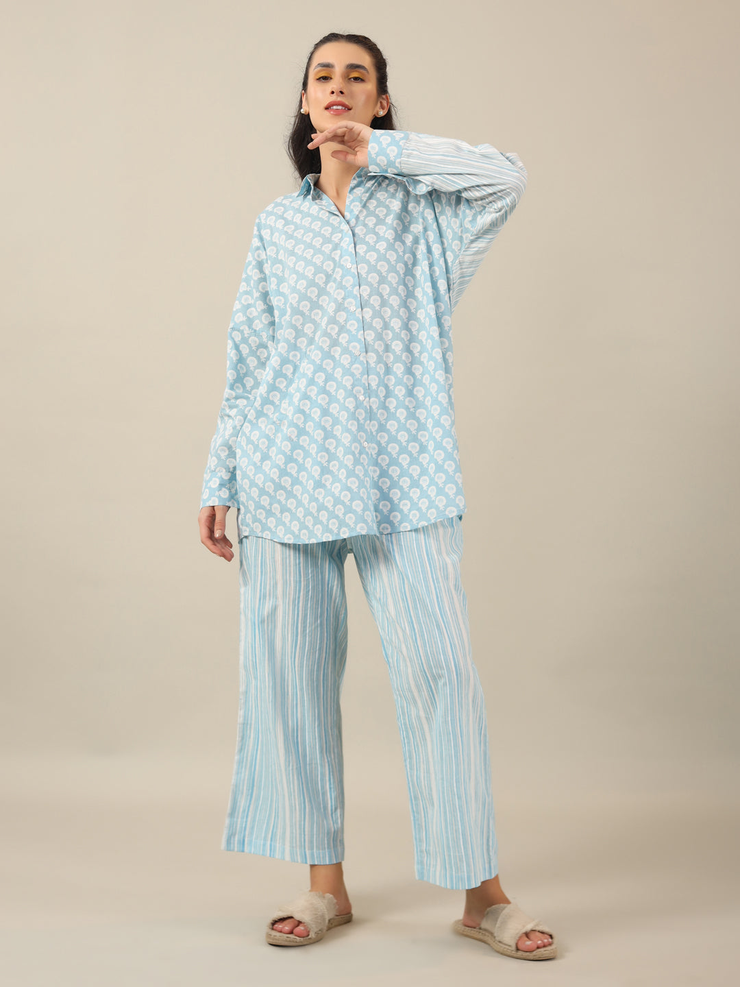 SKY BLUE FLORAL PRINT loose fit Cotton Night SUIT