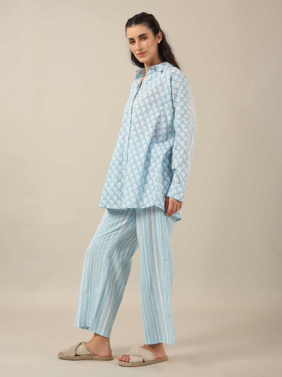 SKY BLUE FLORAL PRINT loose fit Cotton Night SUIT