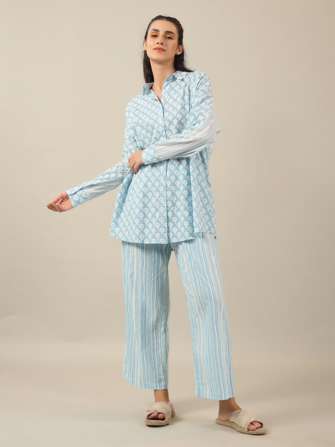 SKY BLUE FLORAL PRINT loose fit Cotton Night SUIT