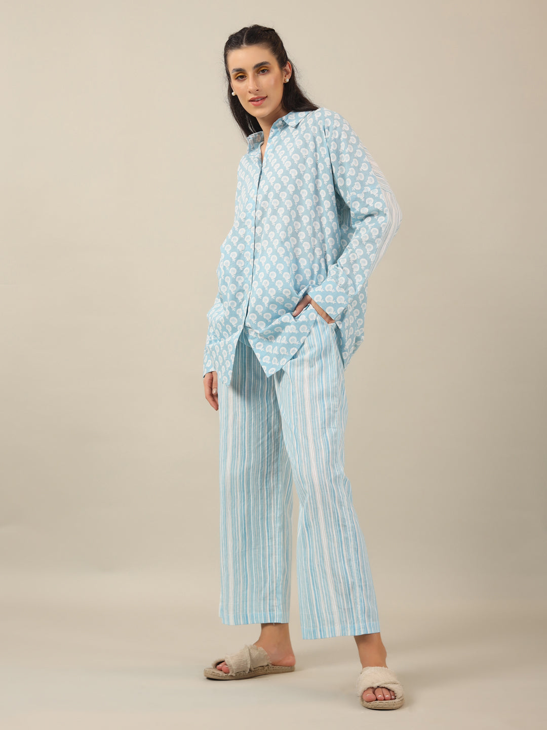 SKY BLUE FLORAL PRINT loose fit Cotton Night SUIT