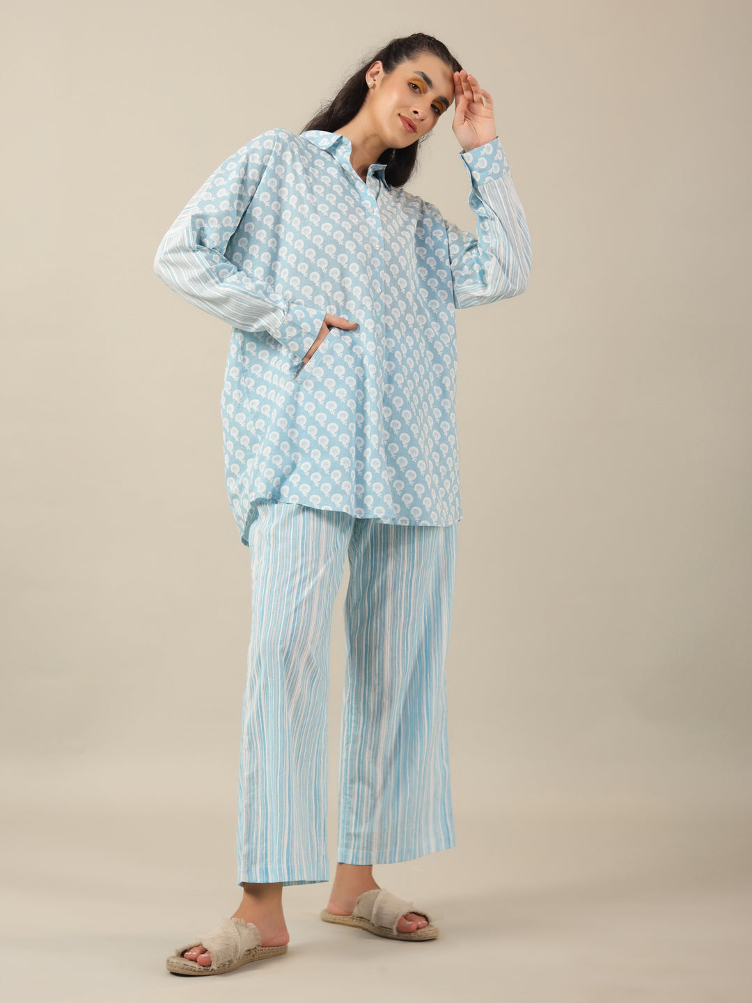 SKY BLUE FLORAL PRINT loose fit Cotton Night SUIT