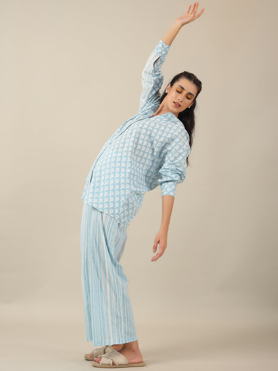 SKY BLUE FLORAL PRINT loose fit Cotton Night SUIT