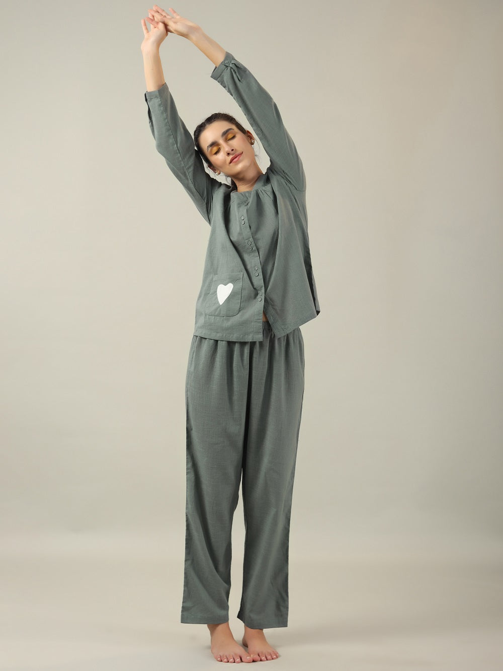 Grey solid Cotton Night SUIT