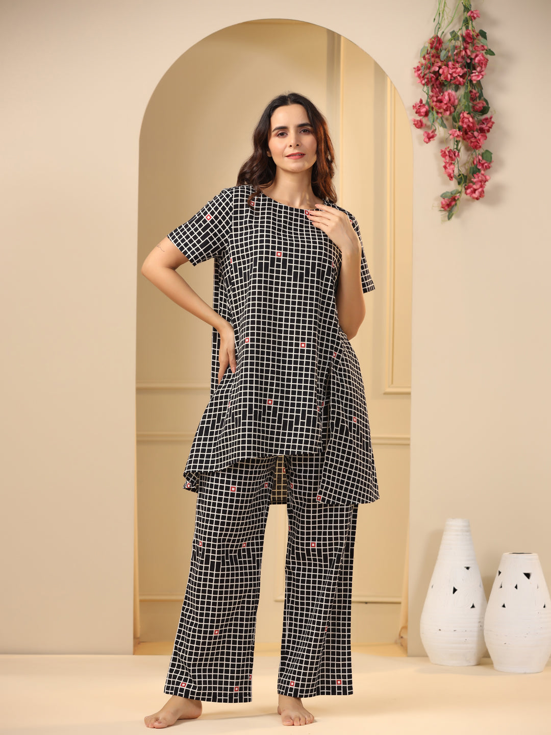 Black  checks printed pure cotton night suit set