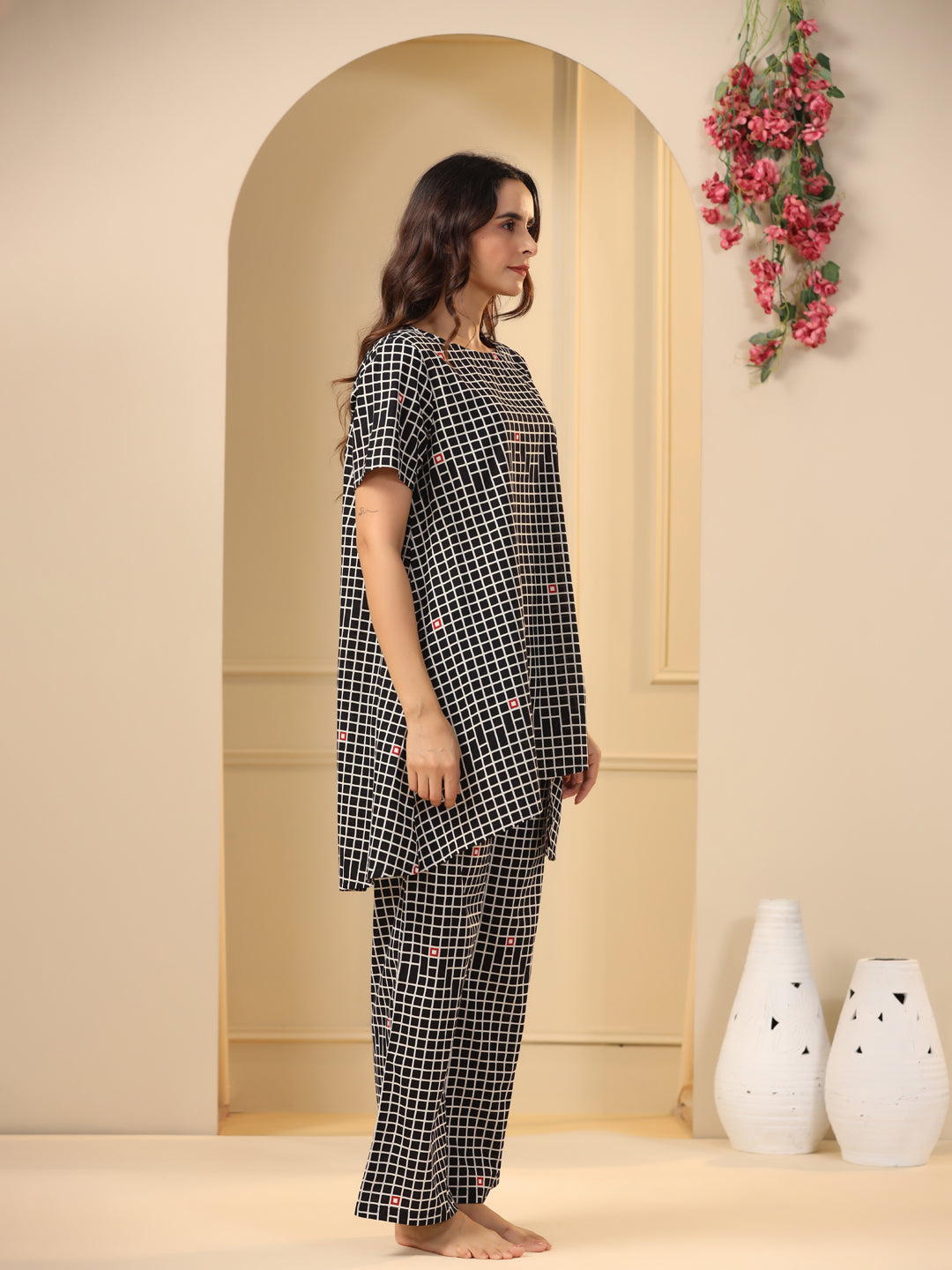 Black  checks printed pure cotton night suit set