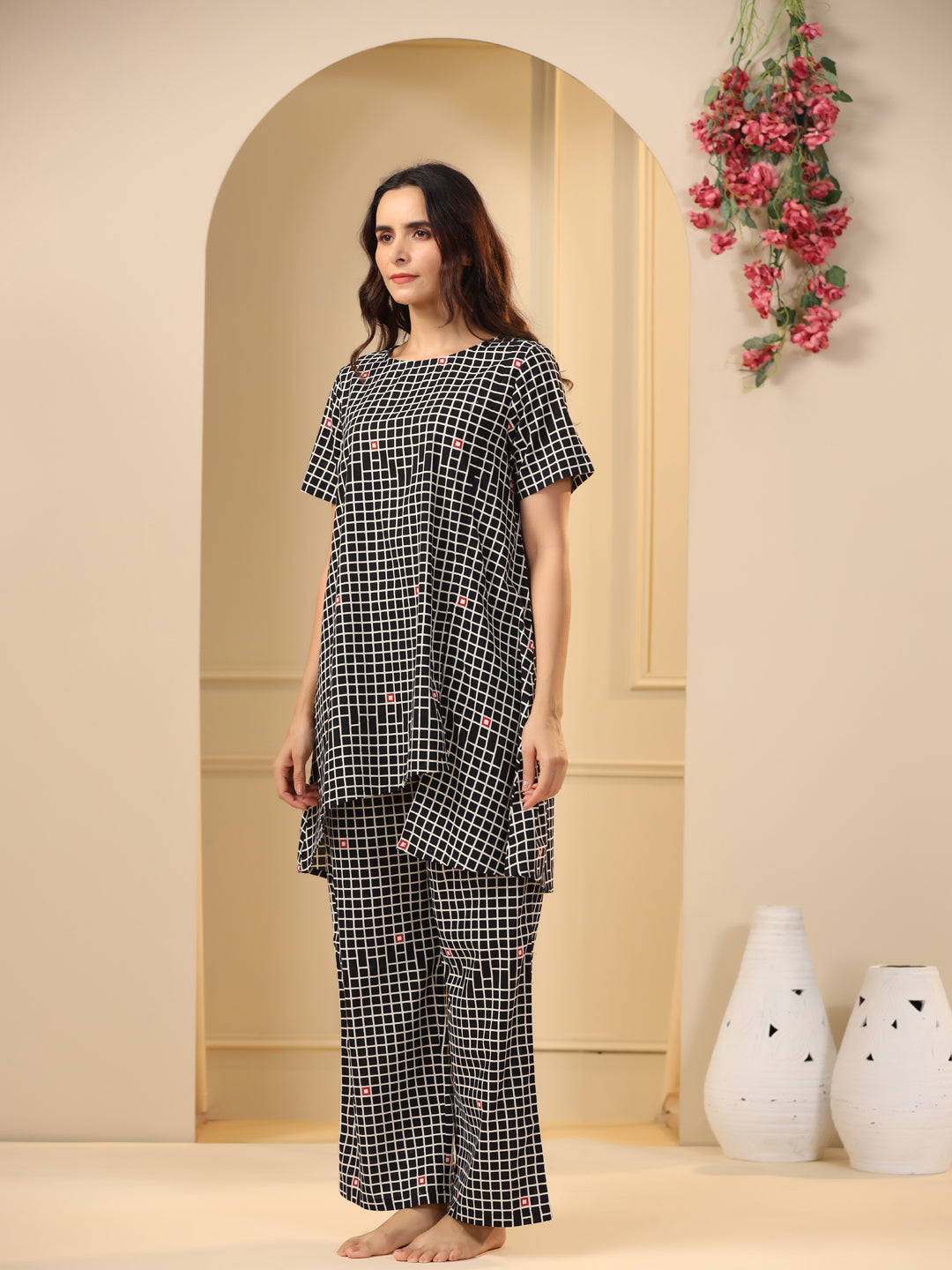 Black  checks printed pure cotton night suit set