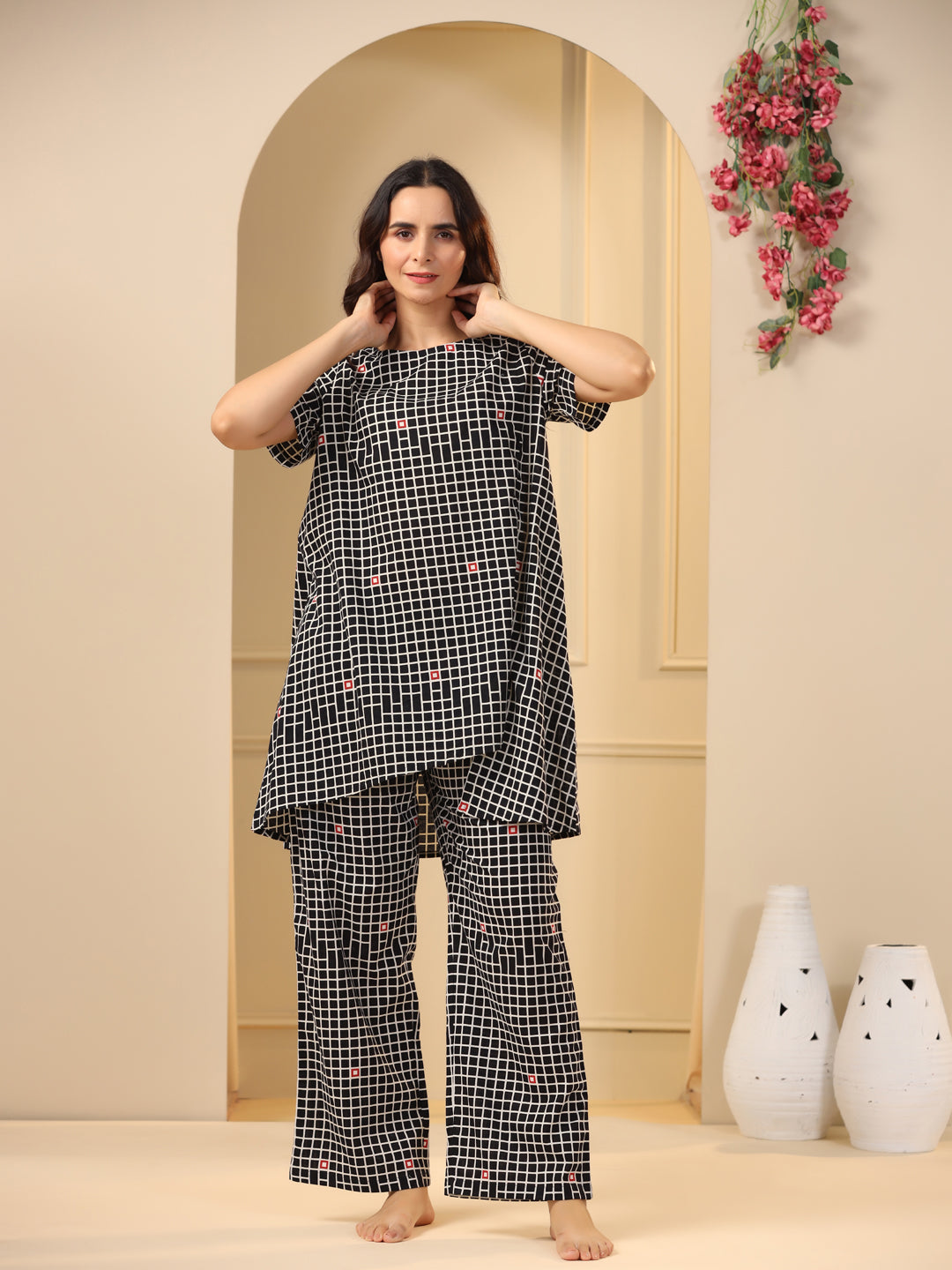 Black  checks printed pure cotton night suit set