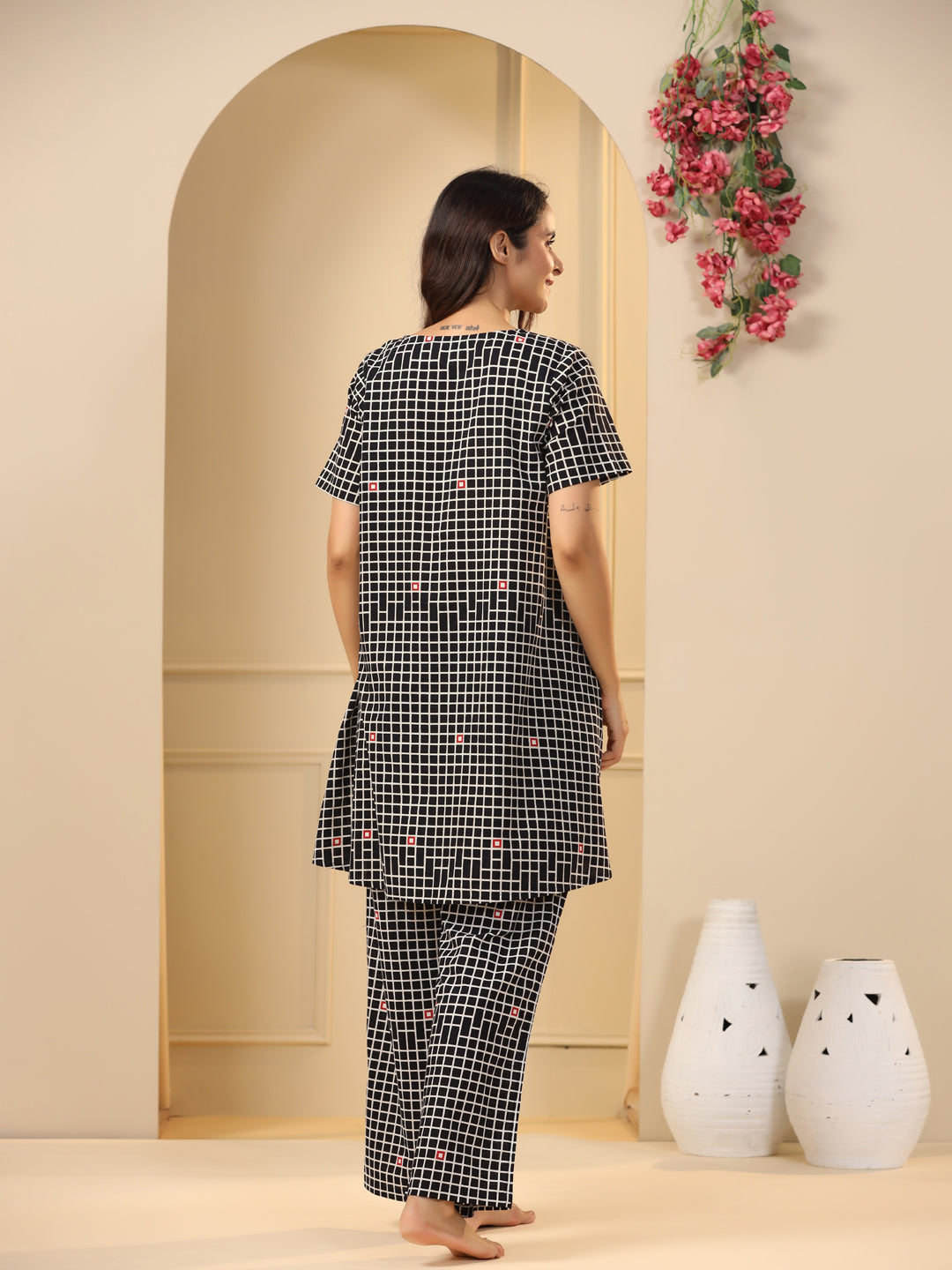 Black  checks printed pure cotton night suit set