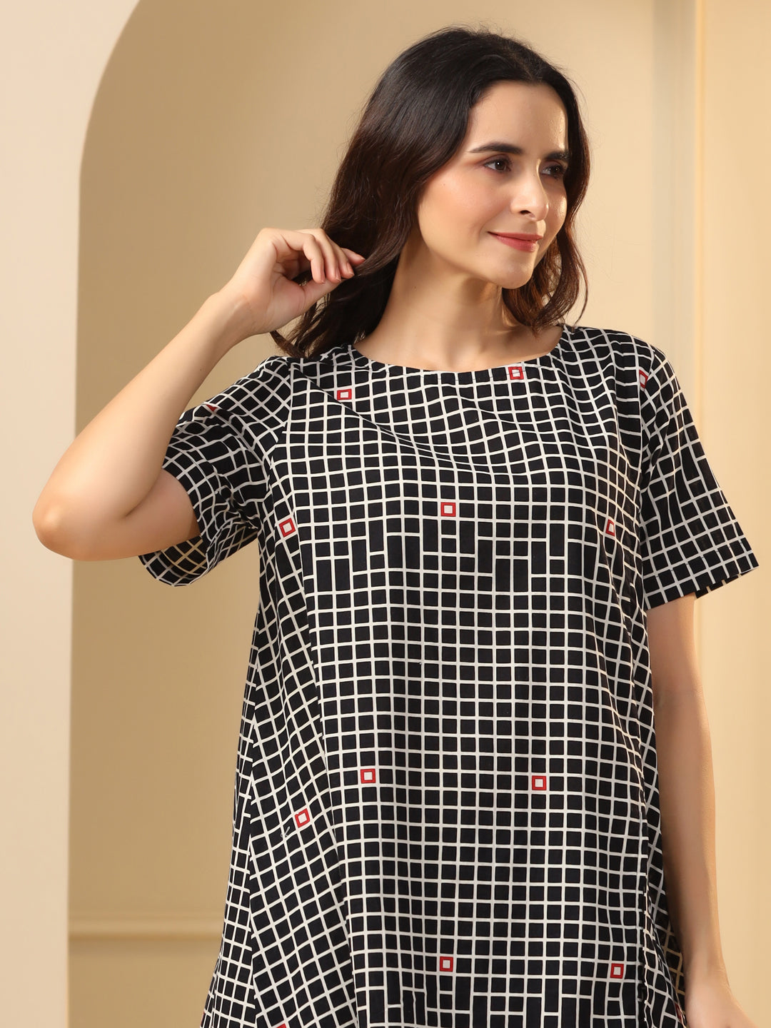 Black  checks printed pure cotton night suit set