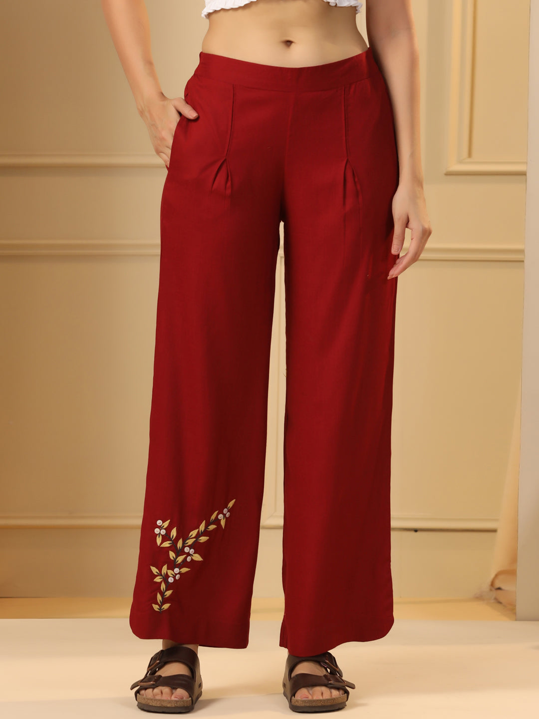 Maroon Floral Printed Straight Fit Parallel Trousers