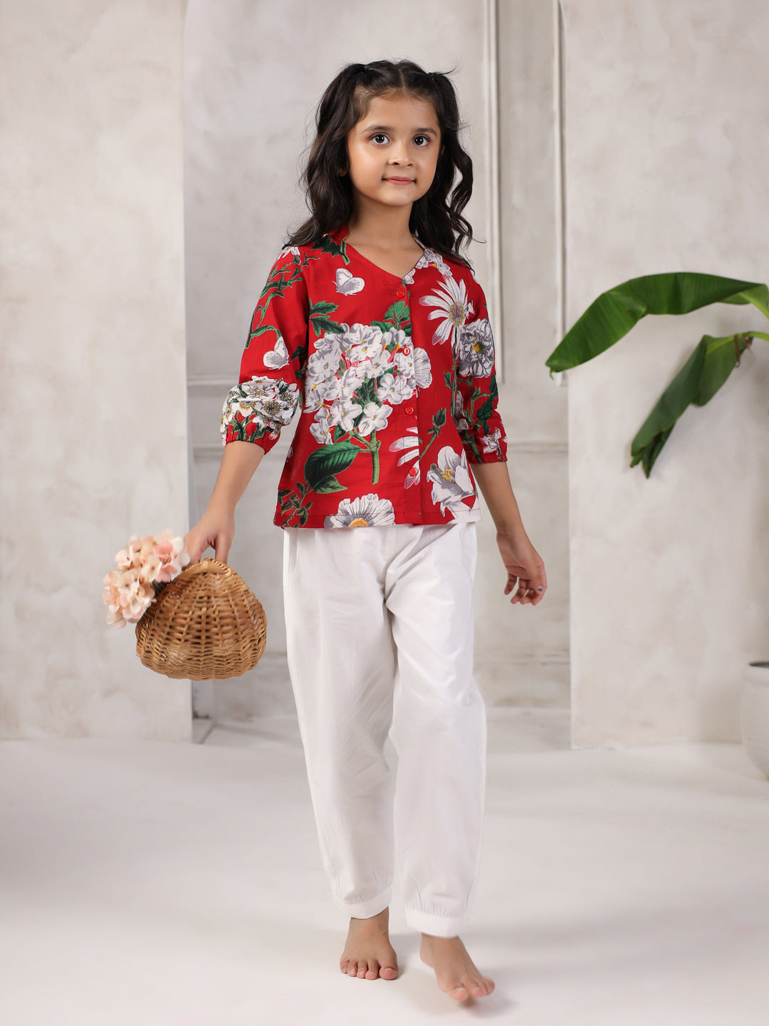 Red Printed Cotton Night Suit Set for Kids