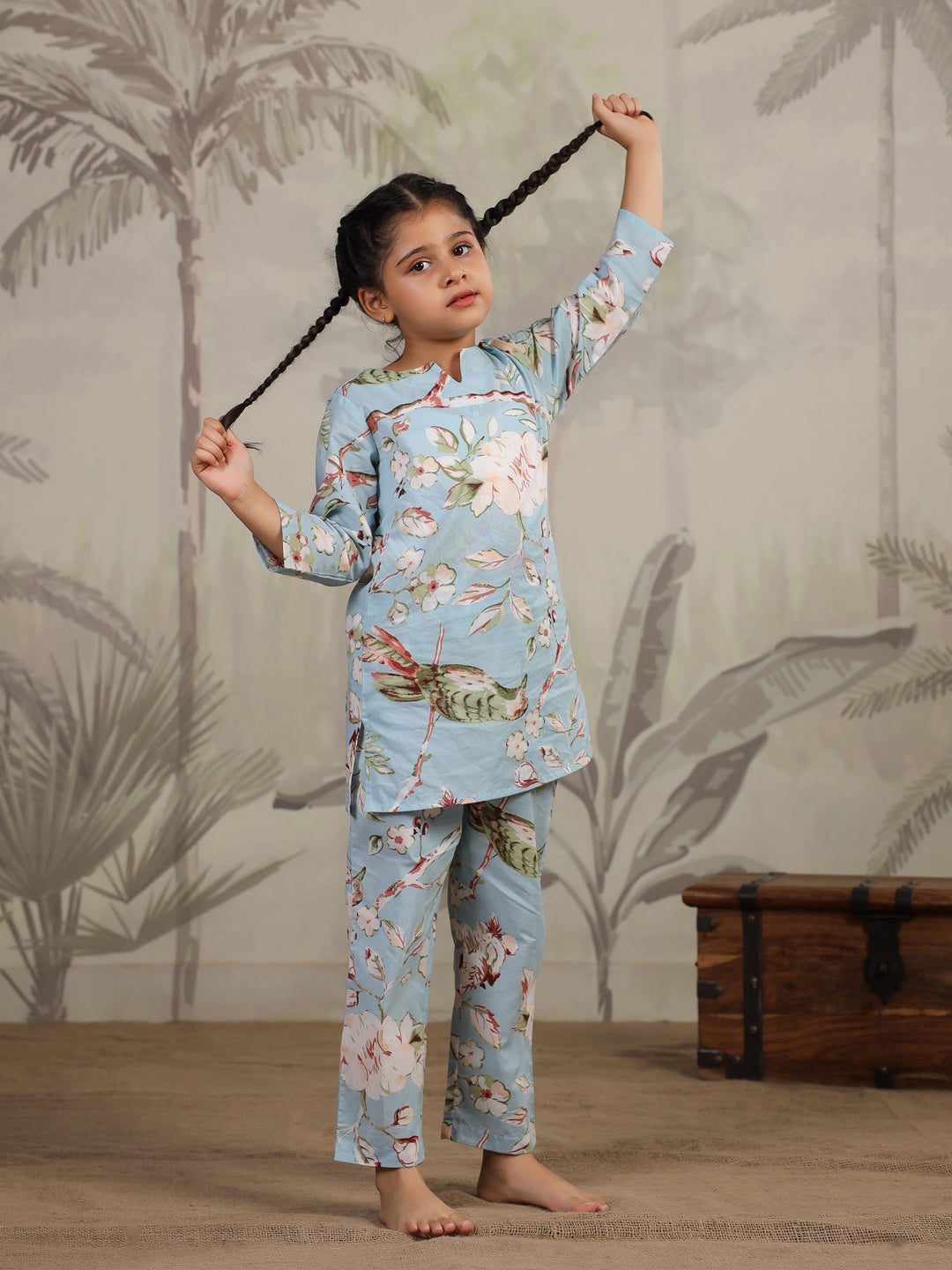 Blue Floral Printed Cotton Night Suit for Kids