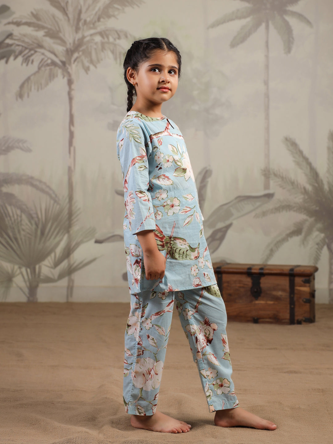 Blue Floral Printed Cotton Night Suit for Kids