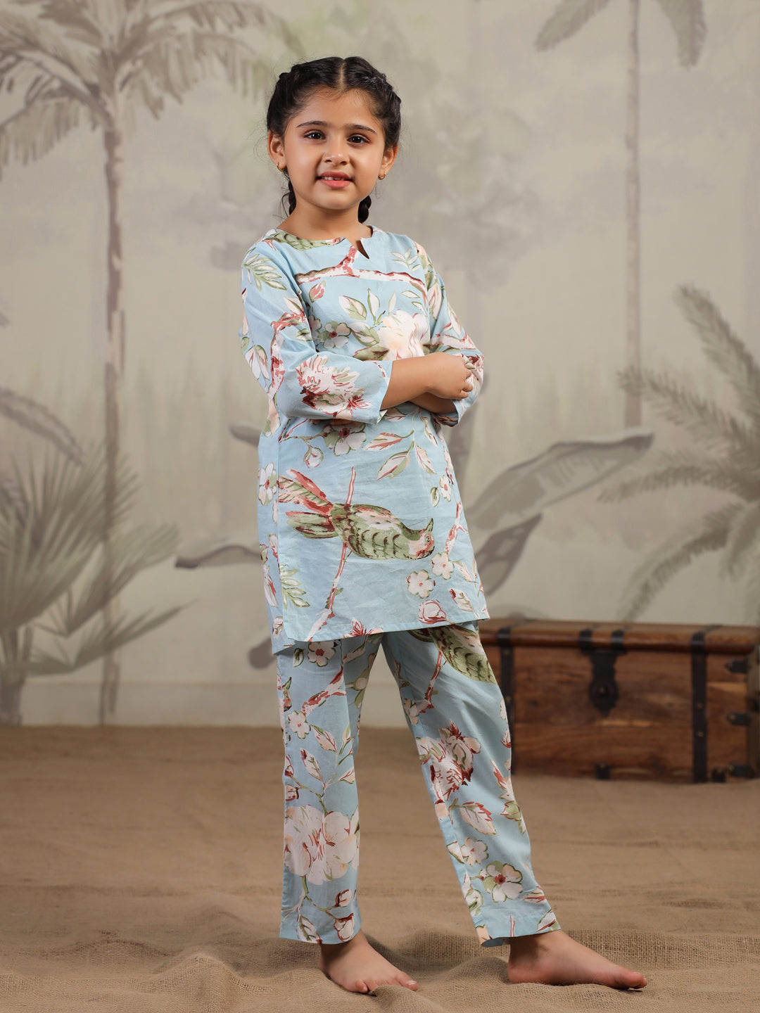 Blue Floral Printed Cotton Night Suit for Kids