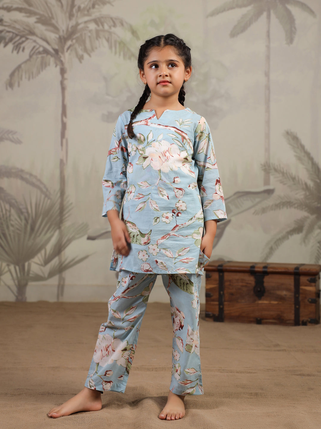 Blue Floral Printed Cotton Night Suit for Kids