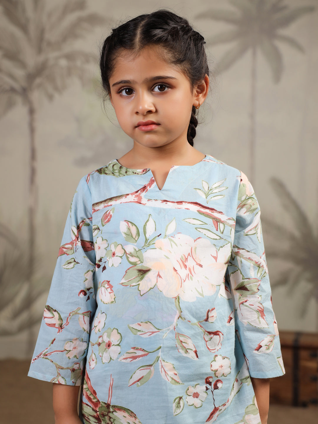 Blue Floral Printed Cotton Night Suit for Kids