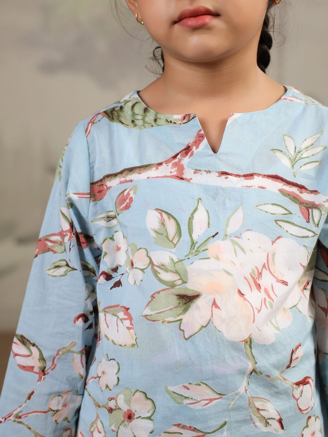 Blue Floral Printed Cotton Night Suit for Kids