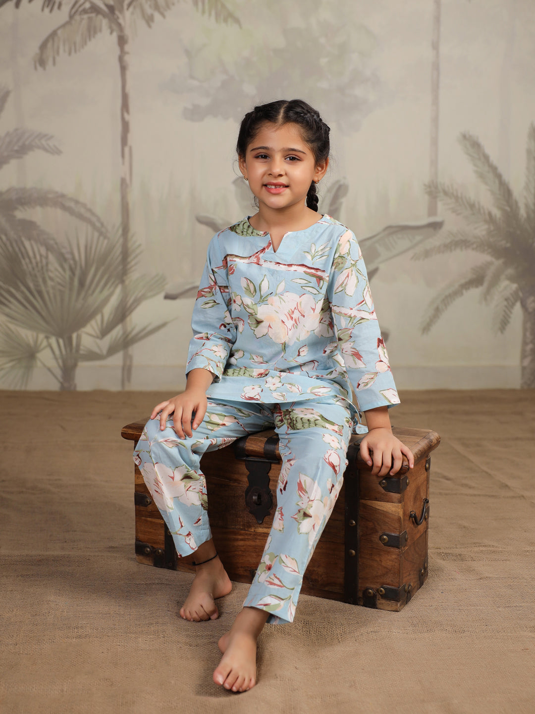 Blue Floral Printed Cotton Night Suit for Kids